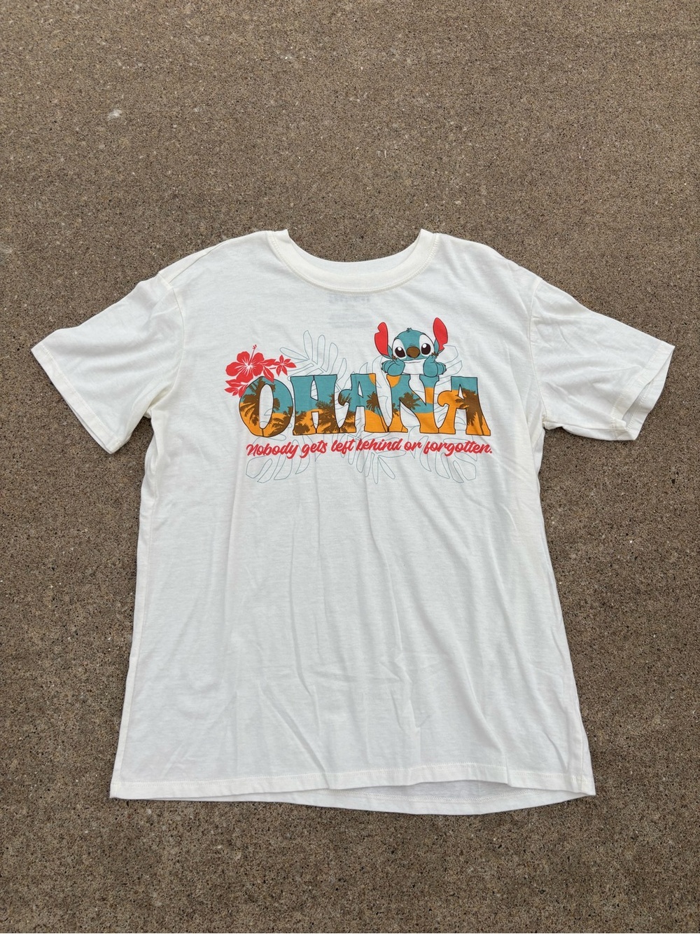 Disney White "Ohana" Short Sleeve Tee with Stitch and Tropical Print